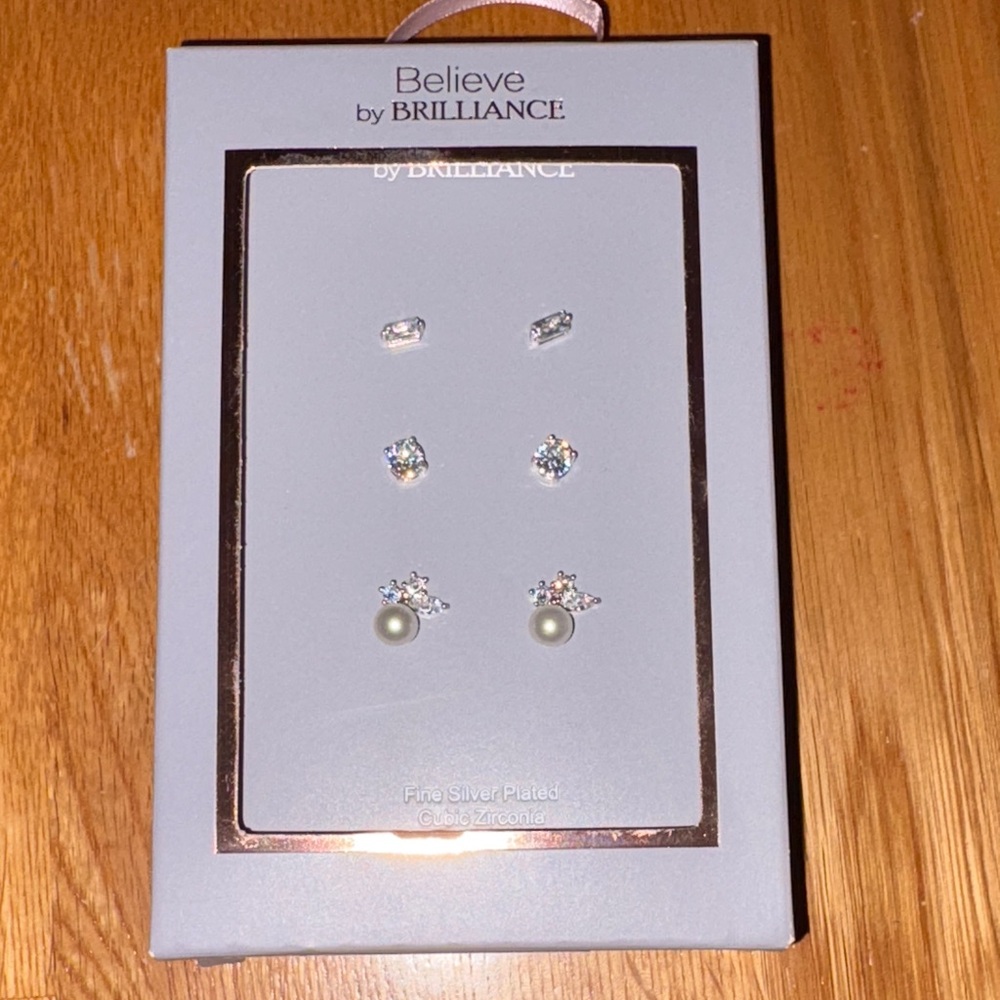 Believe By Brilliance Silver Plated And Cz Earrings Set 15$